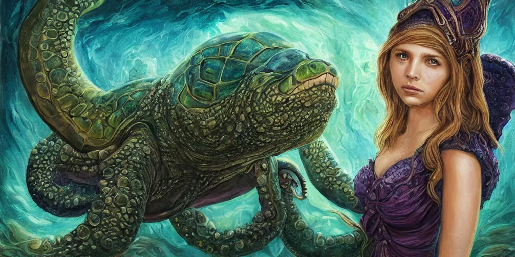 Prompt: Fantasy fairytale style portrait painting, Great Leviathan Turtle, cephalopod, Cthulhu Squid, hybrid, Mythic Island, center Universe, accompany Cory Chase, Blake Lively, Anya_Taylor-Joy, Grace Moretz, Halle Berry, Mystical Valkyrie, Anubis-Reptilian, Atlantean Warrior, hybrid, intense fantasy atmospheric lighting, hyperrealistic, William-Adolphe Bouguereau, François Boucher, Jessica Rossier, Michael Cheval, Oil Painting, Cozy, hot springs hidden Cave, candlelight, natural light, lush plants and flowers, Spectacular Mountains, bright clouds, luminous stellar sky, outer worlds, michael whelan, Solar Flare HD,
