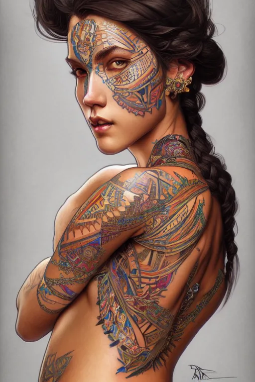 Image similar to body portrait of beautiful annubian tribal tattooed young pincess, intricate, elegant, highly detailed, digital painting, artstation, concept art, smooth, sharp focus, illustration, art by artgerm and greg rutkowski and alphonse mucha, 8 k