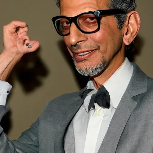 Prompt: jeff goldblum holding a miniature man in the palms of his hands