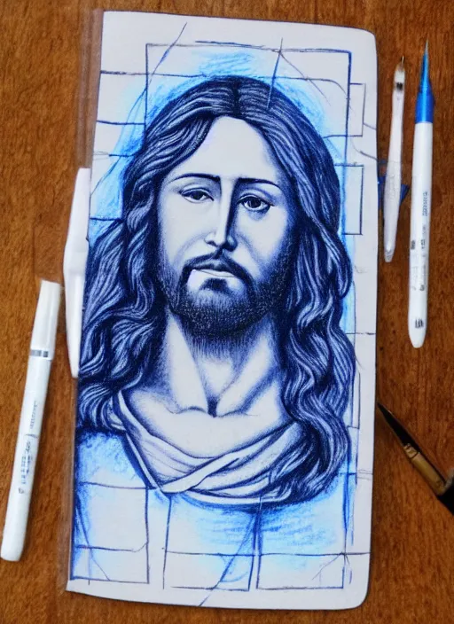 Prompt: painting of jesus drawn with blue pen on checkered notebook sheets,