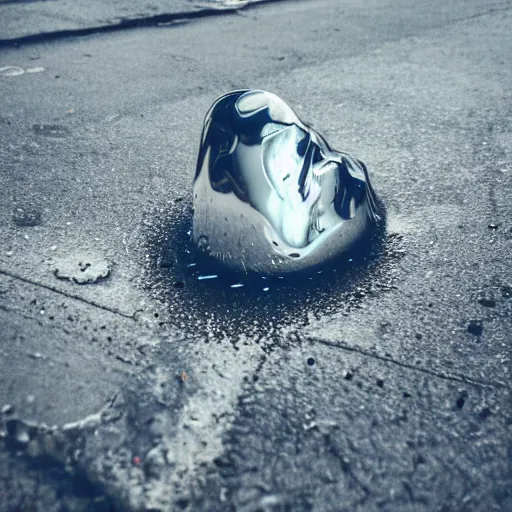 Image similar to photo of a dripping chrome blob melting on a city street macro