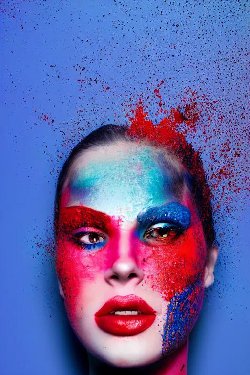 Prompt: glitched mix of endless female face and red paint in style of neo dada, blue background, hard paint, close-up