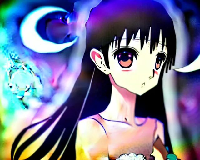 Prompt: hopeful moon goddess, hazel eyes, jet black hair, beautiful, symmetrical, anime, concept art, depth of field