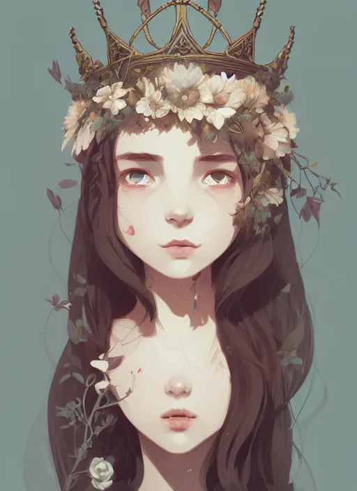 Image similar to portrait of cute nymph girl with crown of flowers with celtic tattoos, fantasy, by atey ghailan, by greg rutkowski, by greg tocchini, by james gilleard, by joe gb fenton, by in kaethe butcher, dynamic lighting, gradient light blue, brown, blonde cream and white color in scheme, grunge aesthetic