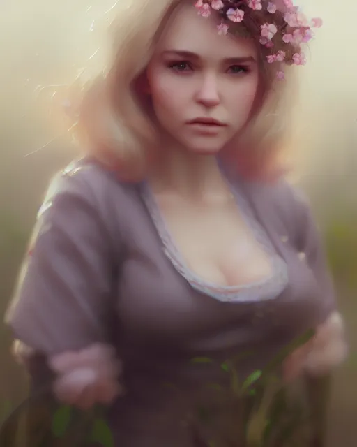 Image similar to tuesday weld surrounded by mist and pretty flowers, very detailed, realistic face, detailed face, matte, tonemapping, bbwchan, perfection, 4 k, cushart krenz, cinematic, atmospheric