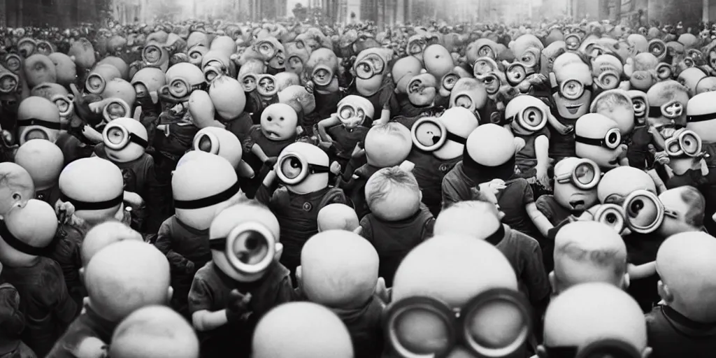 Image similar to minions from despicable me winning world war 2 and parading through berlin, hyper realistic, award winning photo, award winning, sharp focus, black and white