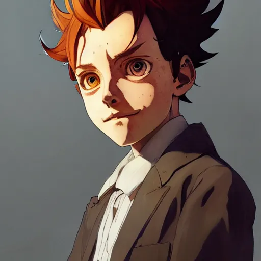 Image similar to Portrait of NORMAN from the promised neverland, highly detailed, digital painting, artstation, concept art, sharp focus, illustration, art by greg rutkowski and alphonse mucha