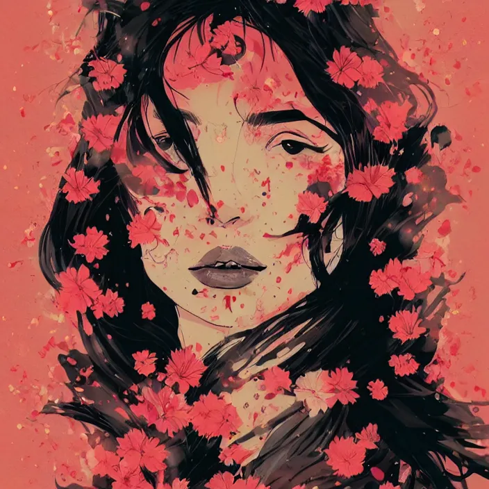 Prompt: candid portrait of very beautiful young filipino woman, surrounded by dramatic swirling smoke and flowers, face partially obscured, dark background, by conrad roset, abstract, trending on artstation