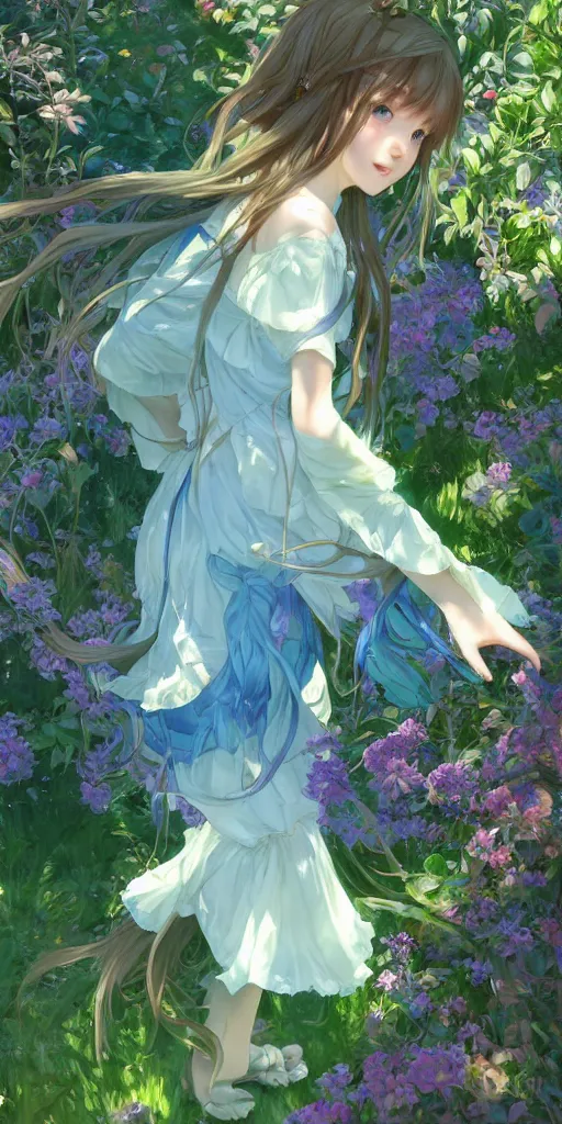 Prompt: a digital art full of atmosphere of a loli with long hair in a dress in the privet garden at after noon, green and warm theme, blue accents, low angle, back lighting, highly detailed, 4 k resolution, trending on art station, by krenz cushart and mucha and akihito yoshida and greg rutkowski and