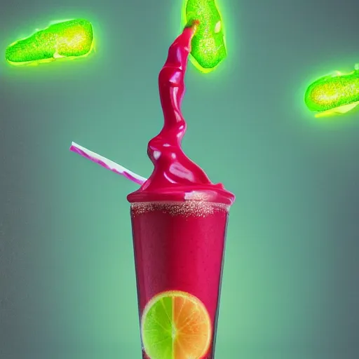 Image similar to cherry limeade smoothie drip, intricate complexity, surreal horror, inverted neon rainbow drip paint, trending on art station, photoreal, 8 k, octane render by greg rutkowski, rafał olbinsk and salvador dali