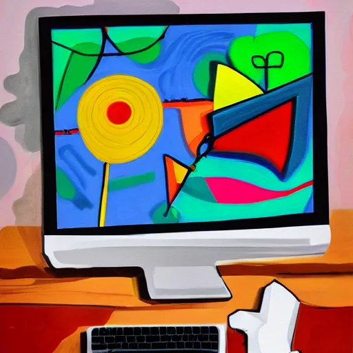 Prompt: someone using a computer to make art, naive style