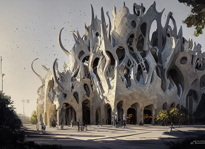 Image similar to mercedes exhibition center exterior designed by antoni gaudi, and concept art by greg rutkowski