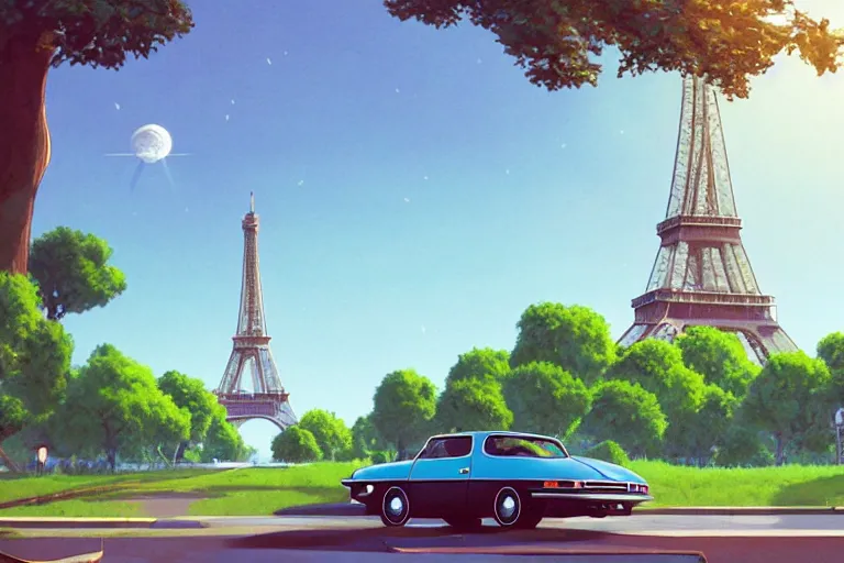 Image similar to a wholesome animation key shot of!! one!! focused! 1 9 7 4 citroen ds! in a tree lined paris street, view of eiffel tower, medium shot, studio ghibli, ( pixar ) and disney animation, sharp, very detailed, high resolution, rendered in unreal engine 5, anime key art by greg rutkowski, bloom, dramatic lighting