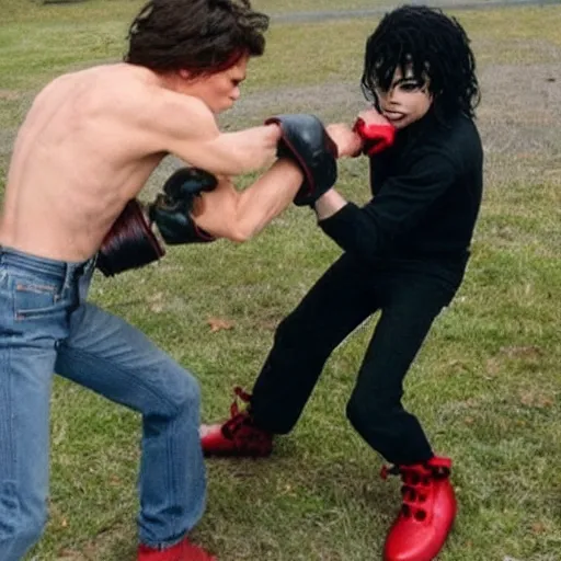 Image similar to tom holland fighting michael jackson with a chainsaw