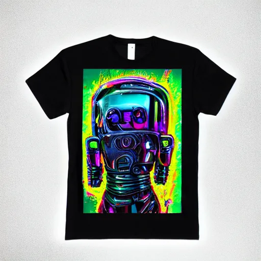 Image similar to black tshirt with a hyperdetailed portrait of a futuristic trippy fantasy punk robot, 8 k, symetrical, flourescent colors, halluzinogenic, multicolored,