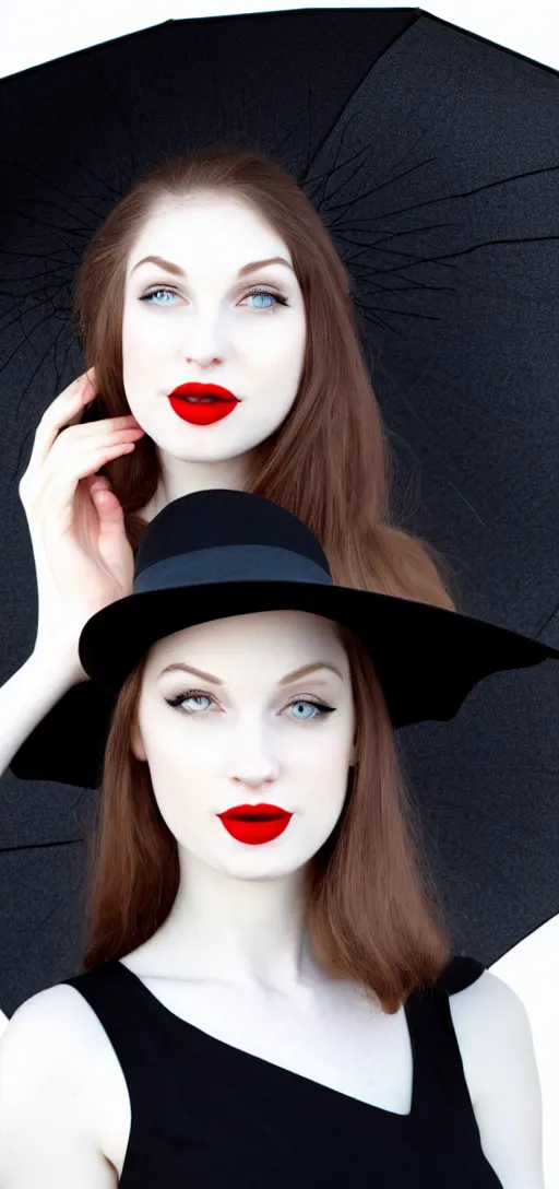 Image similar to a beautiful white pale skin girl, gray background, black dress, vibrent red lipstick, a black hat, black umbrella