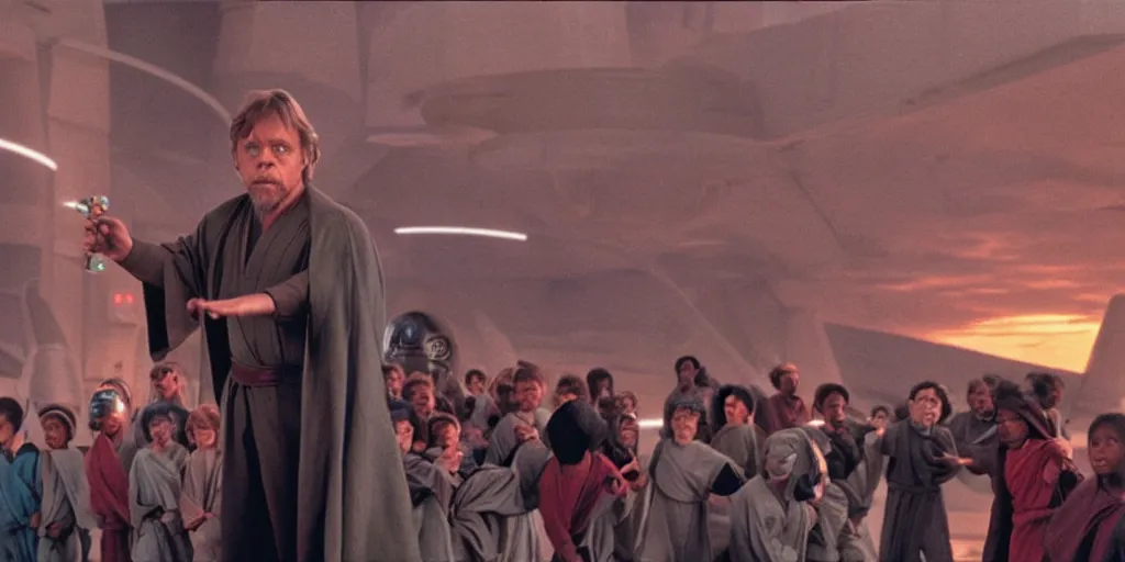 Image similar to A full color still of Mark Hamill as Jedi Master Luke Skywalker training a diverse room full of young Jedi padawans, with large windows showing a sci-fi city outside, at dusk at golden hour, from Star Wars, directed by Steven Spielberg, 1994