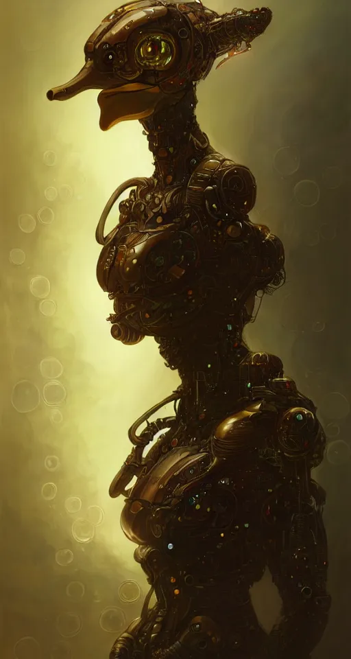 Image similar to organic cyborg duck, diffuse lighting, fantasy, intricate, elegant, highly detailed, lifelike, photorealistic, digital painting, artstation, illustration, concept art, smooth, sharp focus, art by john collier and albert aublet and krenz cushart and artem demura and alphonse mucha