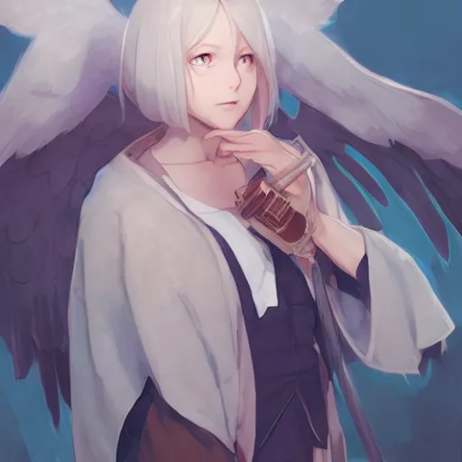 Image similar to cute girl bribing the district attorney. angel by krenz cushart and mucha and akihito yoshida and greg rutkowski, nier : automata inspired,