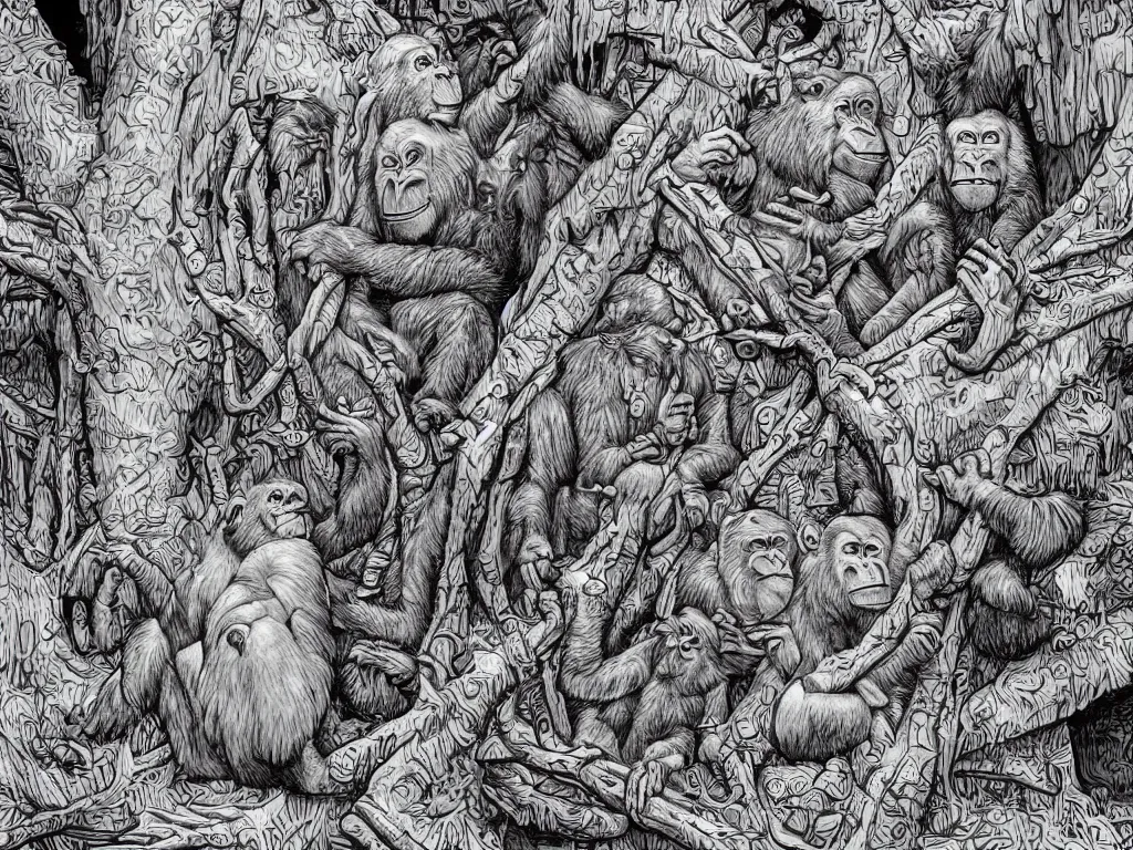 Image similar to bored ape club monkeies by Chor Boogie, intricate details, ultra detailed, 4K, award-winning, touch of M. C. Escher and Salvador Dali