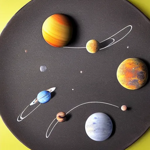 Prompt: high quality studio portrait of the solar system drawn with olive oil on a plate