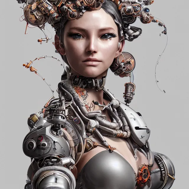 Prompt: the portrait of true neutral semi - colorful female cyborg mechanist as absurdly beautiful, gorgeous, elegant, young swimsuit model looking up, an ultrafine hyperdetailed illustration by kim jung gi, irakli nadar, intricate linework, detailed faces, octopath traveler, unreal engine 5 highly rendered, global illumination, radiant light, detailed and intricate environment