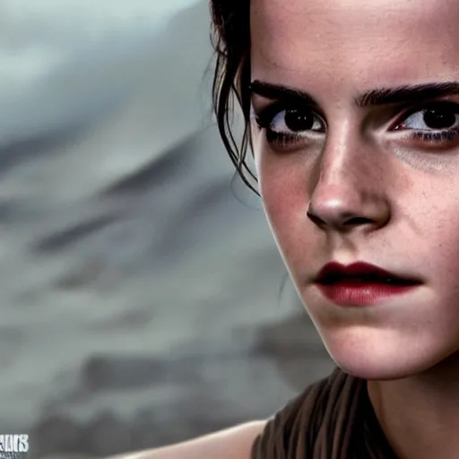 Image similar to Emma Watson modeling as Rey in Star Wars, (EOS 5DS R, ISO100, f/8, 1/125, 84mm, postprocessed, crisp face, photoshopped, facial features)