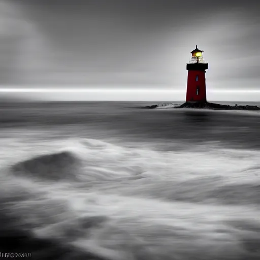 Image similar to a photo of a lighthouse in a storm at night. lonely, churning waves, splashing on lighthouse. warm lighting, long exposure