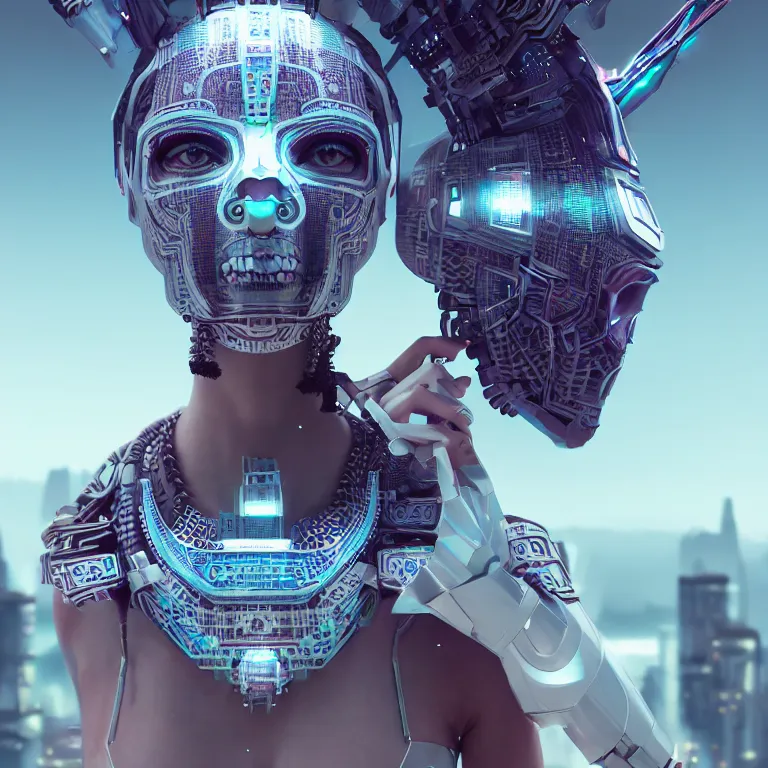 Prompt: futuristic cyberpunk tribal aprincess in skull mask symmetrical artwork by Tooth Wu and wlop and beeple. octane render, trending on artstation, greg rutkowski very coherent symmetrical artwork. cinematic, hyper realism, high detail, octane render, 8k