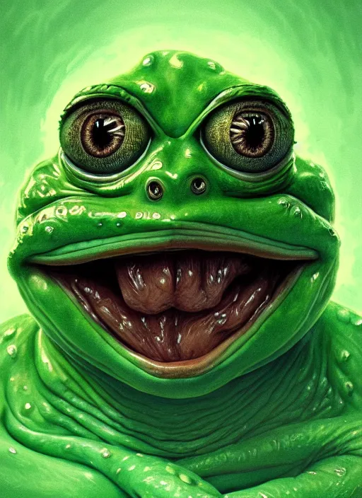 Prompt: slimy pepe the frog, drool, portrait, intricate, elegant, highly detailed, digital painting, artstation, concept art, wallpaper, smooth, sharp focus, illustration, art by h. r. giger and artgerm and greg rutkowski and alphonse mucha