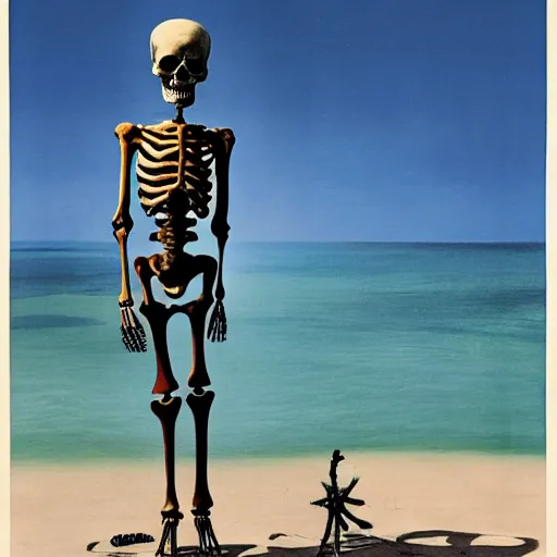 Prompt: a skeleton standing on a beach next to the ocean, a surrealist painting by Storm Thorgerson, featured on cg society, nuclear art, surrealist, apocalypse landscape, chillwave