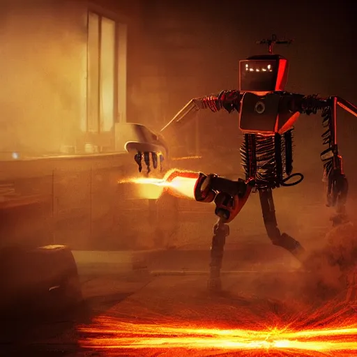 Image similar to toaster oven terminator robot, dark messy smoke - filled cluttered workshop, dark, dramatic lighting, orange tint, sparks, plasma charge, cinematic, highly detailed, sci - fi, futuristic, movie still