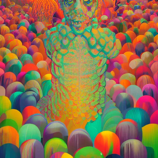 Prompt: a painting of a bunch of different colored objects, poster art by mike winkelmann, trending on behance, psychedelic art, behance hd, psychedelic, biomorphic