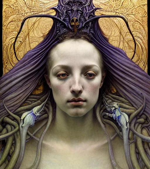 Image similar to detailed realistic beautiful young medieval alien queen face portrait by jean delville, gustave dore and marco mazzoni, art nouveau, symbolist, visionary, gothic, pre - raphaelite. horizontal symmetry by zdzisław beksinski, iris van herpen, raymond swanland and alphonse mucha. highly detailed, hyper - real, beautiful