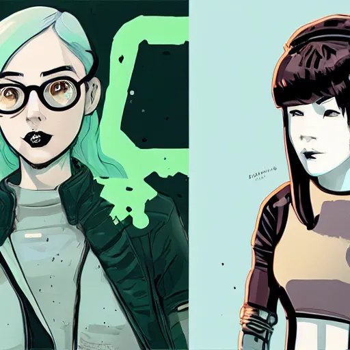 Image similar to Highly detailed portrait of a post-cyberpunk young lady with, freckles and cool hair, with robotic facial enhancements by Atey Ghailan, by Loish, by Bryan Lee O'Malley, by Cliff Chiang, inspired by image comics, inspired by graphic novel cover art, inspired by nier, inspired by scott pilgrim !! Gradient green, black and white color scheme ((grafitti tag brick wall background)), trending on artstation