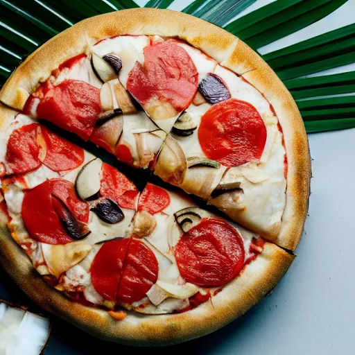 Image similar to a coconut ((🍕)) made entirely out of 🥥 , 🥥 🍕 hybrid, 4k food photography