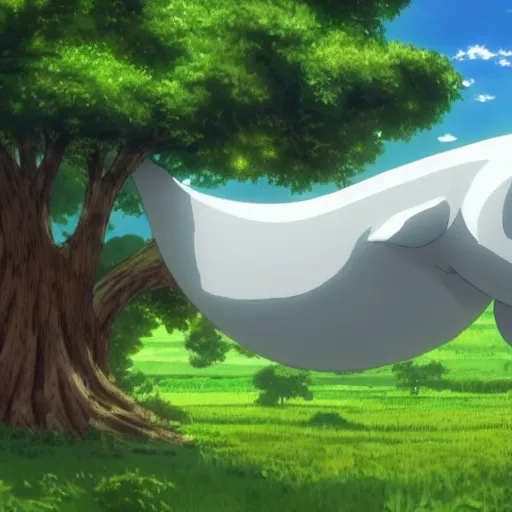 Image similar to big white whale flying near giant tree in the green field, anime, HD,