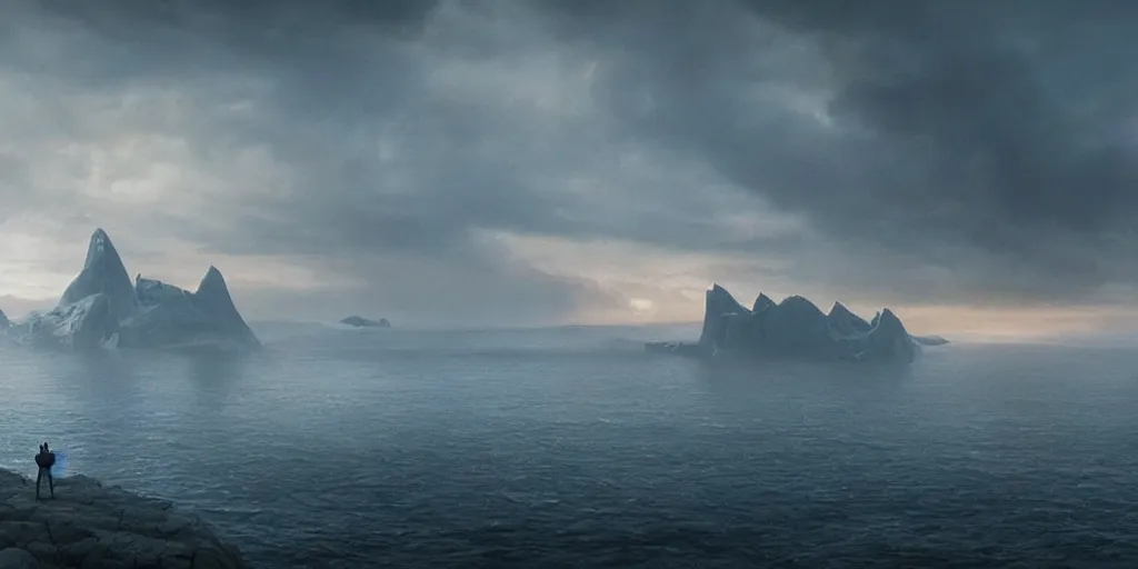 Prompt: screenshot from a movie, epic matte painting of a greenland island, cinematic cinematography masterpiece, skull, greg rutkowski, and ivan aivazovski, roger deakins