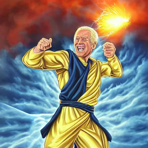 Prompt: Epic awesome painting of Joe Biden shooting his Kamehameha beam through an exploding planet, awesome, trending on ArtStation