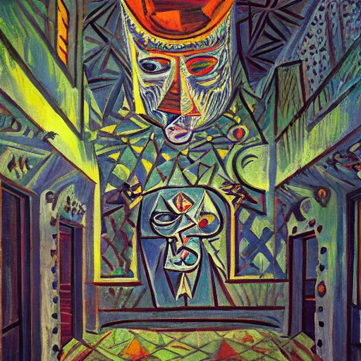 Prompt: intricate five star demon lair by pablo picasso, oil on canvas, hdr, high detail, photo realistic, hyperrealism, matte finish, high contrast, 3 d depth, centered, masterpiece, vivid and vibrant colors, enhanced light effect, enhanced eye detail, artstationhd