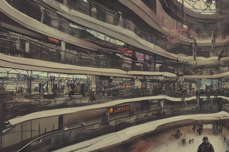 Image similar to dystopian shopping mall interior cyberpunk depressing, Benjamin Last