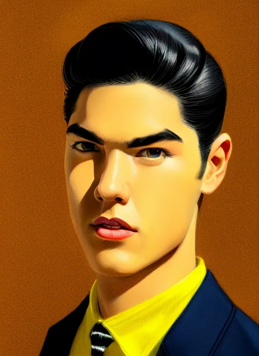 Prompt: portrait of young reggie mantle, mean smirk, egotistical, slicked back hair, striped yellow and black sweater, 1 9 5 0 s, intricate, elegant, glowing lights, highly detailed, digital painting, artstation, concept art, smooth, sharp focus, illustration, art by wlop, mars ravelo and greg rutkowski