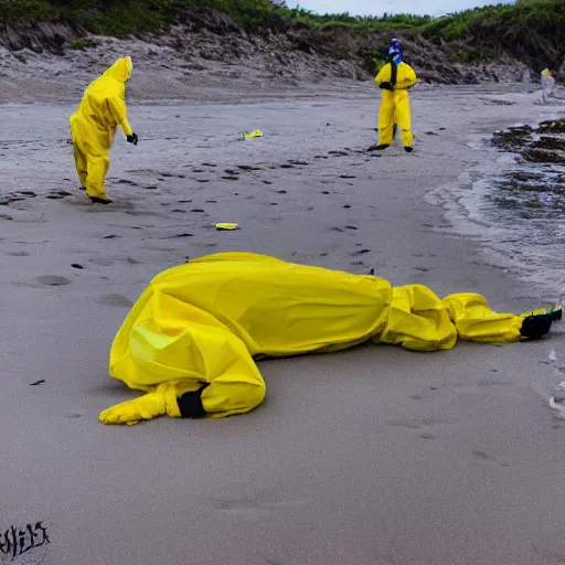 Prompt: Professional Photography, long shot, People in yellow chemical hazmat suits are investigating a huge creepy black creature washed up on the beach.