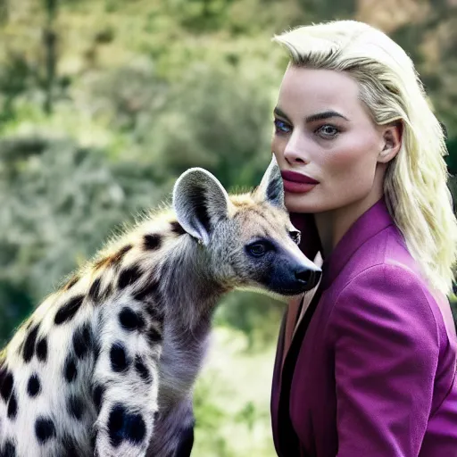 Prompt: annie leibovitz photoshoot of margot robbie as harlequin with her pet hyena, soft focus, hyperreal - s 5 0