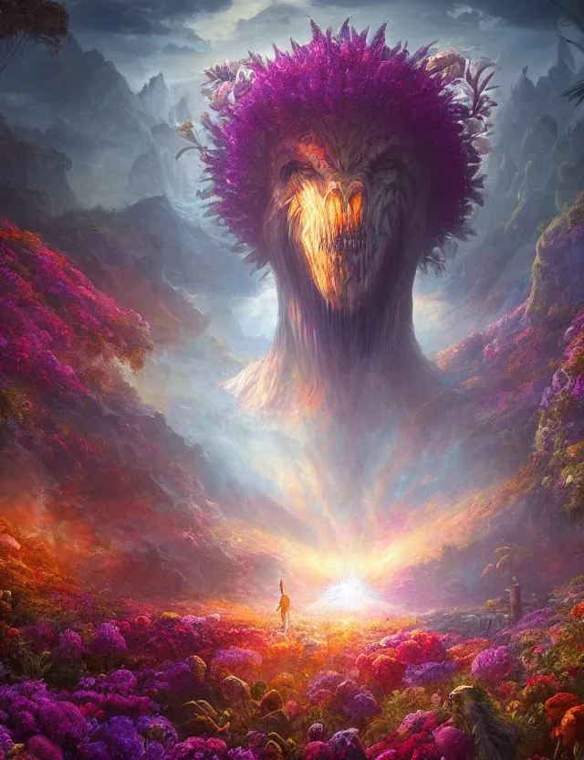 Image similar to A terrifying giant monster made of flowers, beautiful atmosphere, god rays, masterpiece digital painting by Alex Grey, Greg Rutkowski, 4k wallpaper