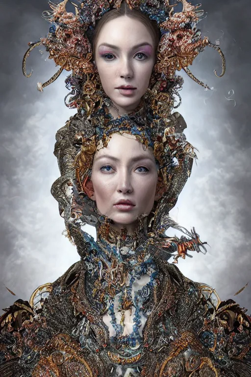 Image similar to hyper-realistic ultra-detailed maximalist and dramatic elegant luxury beautiful young empress portrait by igor goryunov and patricio clarey inspired by andrei riabovitchev and heidi taillefer Rendered by binx.ly 8k. Generative art. Fantastic realism. Scifi feel. Extremely Ornated. Intricate and omnious. Tools used: Blender Cinema4d Houdini3d zbrush. Unreal engine 5 Cinematic. Beautifully lit. No background. artstation. Deviantart. CGsociety.