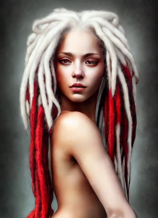 Image similar to photograph of gorgeous woman with half white half red dreadlocks in the style of stefan kostic, realistic, half body shot, sharp focus, 8 k high definition, insanely detailed, intricate, elegant, art by stanley lau and artgerm, foggy backgeound