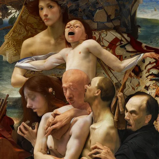 Prompt: disasterpiece holy levy taxation facticity disciples atonal quarrel, by Edgar Maxence and Ross Tran and Michael Whelan and Da Vinci and Caravaggio and J.M.W Turner and Brueghel intricate line drawings, unknwon intercession, mixed techniques, detailed and beautiful intricate faces, 4k resolution