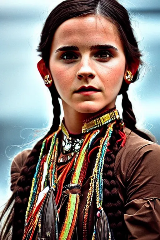 Image similar to “Photo of Native American indian woman Emma Watson, portrait, skilled warrior of the Apache, ancient, realistic, detailed, emma watson”