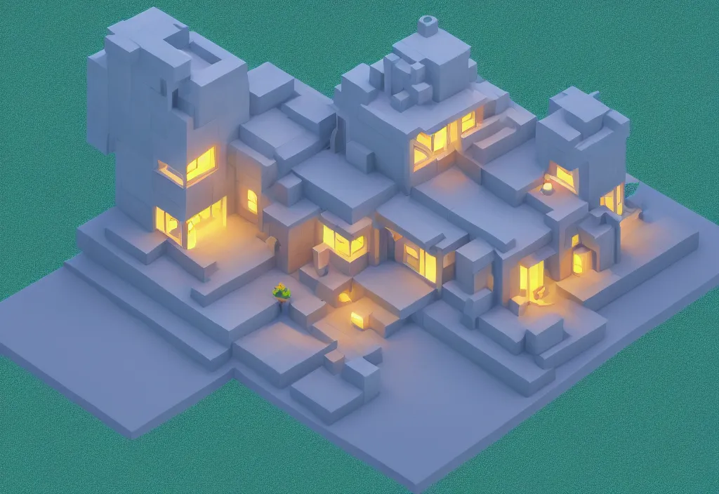 Image similar to isometric house on a mountain top magicavoxel cinematic lighting, 4k